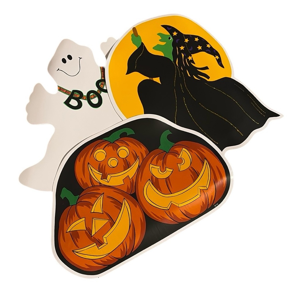 Halloween Vinyl Placemat Kmart Vintage PumpkinTime Set (3) Pumpkins, Ghost Witch